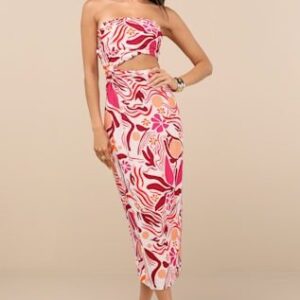 Zisel Ivory and Pink Floral Cutout Strapless Midi Dress